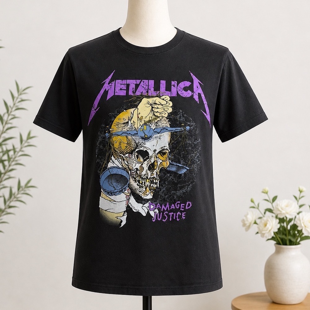 Metallica Damaged Justice Graphic T-Shirt Black Pushead Skull Band Tee SM/MD